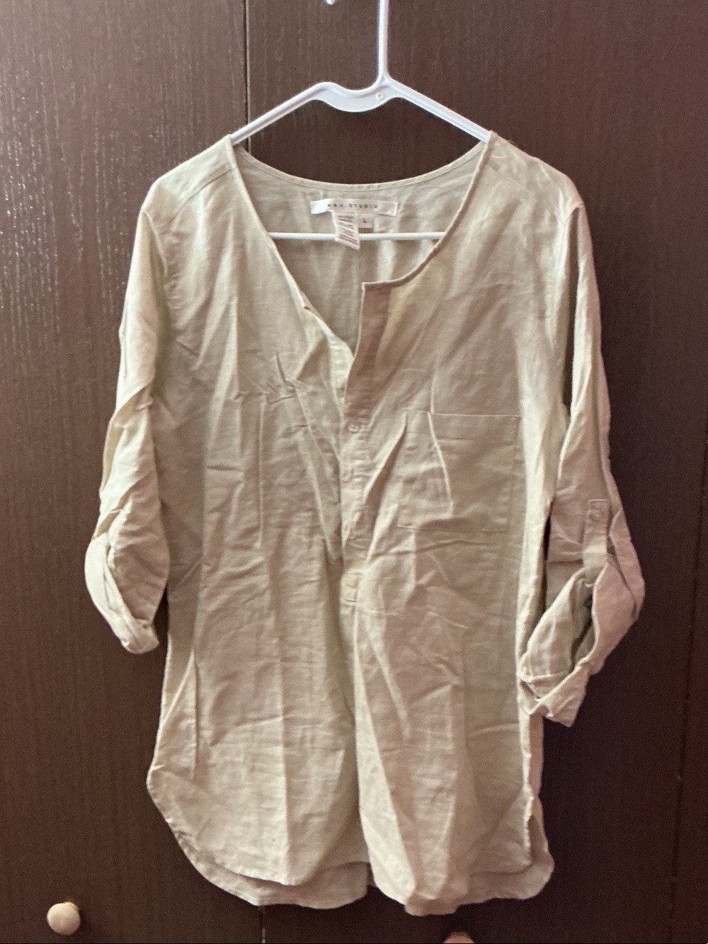 Max Studio Light Beige Roll-Tab Henley Tunic